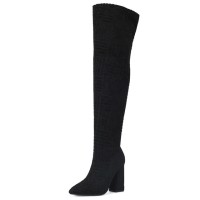 Pointed Toe Chunky Heels Over The Knees Flock Suede Booties - Black