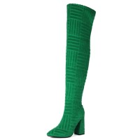 Pointed Toe Chunky Heels Over The Knees Flock Suede Booties - Green