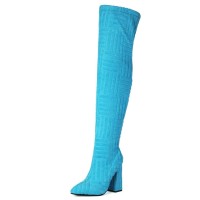 Pointed Toe Chunky Heels Over The Knees Flock Suede Booties - Sky Blue