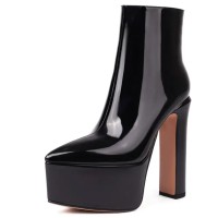 Pointed Toe Platforms Side Zipper Chunky Heels Ankle Highs Boots - Black