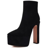 Pointed Toe Platforms Side Zipper Chunky Heels Ankle Highs Boots - Black