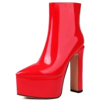 Pointed Toe Platforms Side Zipper Chunky Heels Ankle Highs Boots - Red