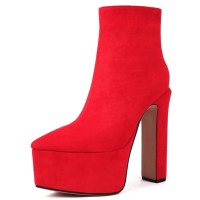 Pointed Toe Platforms Side Zipper Chunky Heels Ankle Highs Boots - Red