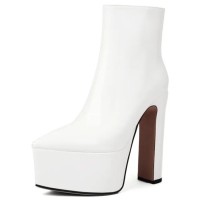 Pointed Toe Platforms Side Zipper Chunky Heels Ankle Highs Boots - White