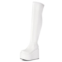 Round Toe Over The Knees Patent Platforms Wedges Booties - White