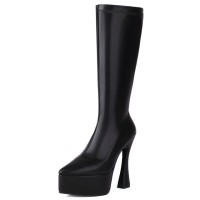 Pointed Toe Thin Chunky Heels Ankle Highs Vegan Leather Platforms Booties - Black