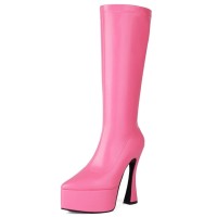 Pointed Toe Thin Chunky Heels Ankle Highs Vegan Leather Platforms Booties - Pink
