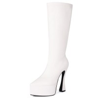 Round Toe Thin Chunky Heels Ankle Highs Vegan Leather Platforms Booties - White