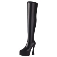 Pointed Toe Thin Chunky Heels Over The Knees Vegan Leather Platforms Booties - Black
