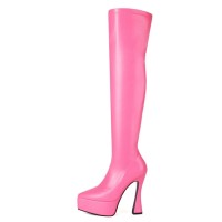 Pointed Toe Thin Chunky Heels Over The Knees Vegan Leather Platforms Booties - Pink