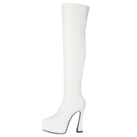 Pointed Toe Thin Chunky Heels Over The Knees Vegan Leather Platforms Booties - White