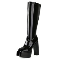Round Toe Block Chunky Heels Knee Highs Patent Platforms Booties - Black