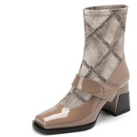 Square Toe Chunky Heels Elastic Fiber Mid Calf Ankle High Boots - Apricot