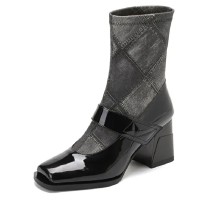 Square Toe Chunky Heels Elastic Fiber Mid Calf Ankle High Boots - Black