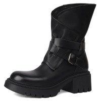Round Toe Chunky Heels Buckle Straps Zipper Motorcycle Ankle High Boots - Black