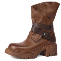 Round Toe Chunky Heels Buckle Straps Zipper Motorcycle Ankle High Boots - Brown