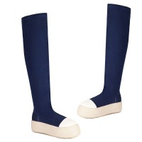 Round Toe Platforms Over The Knees Denim Vintage Sneakers  Boots - Dark Blue