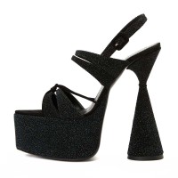 Pointed Open Toe Cone Elegant Heels Ankle Slingback Straps Platforms Glitters Sandals - Black Microfiber