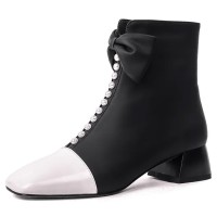 Square Toe Chunky Heels Shiny Pearls Side Zipper Ankle High Boots - Black