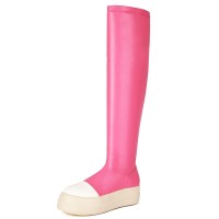 Round Toe Platforms Over The Knees Waterproof Vintage Sneakers  Boots - Pink Faux Leather