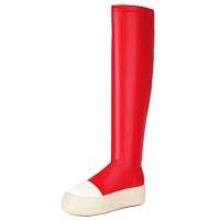 Round Toe Platforms Over The Knees Waterproof Vintage Sneakers  Boots - Red Faux Leather
