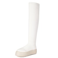 Round Toe Platforms Over The Knees Waterproof Vintage Sneakers  Boots - White Faux Leather