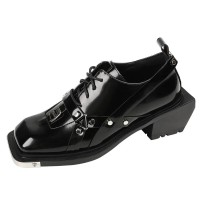 Square Toe Gothic Punk Style Lace Up Metal Buckles Chunky Heels Oxford Loafers - Black