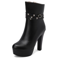 Round Toe Cuban Chunky Heels Platforms Ankle High Rivet Buckle Straps Autumn Boots - Black