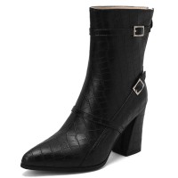 Pointed Toe Chunky Heels Buckle Straps Decorated Crocodile Print Ankle Highs Western Boots - Black