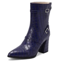 Pointed Toe Chunky Heels Buckle Straps Decorated Crocodile Print Ankle Highs Western Boots - Blue
