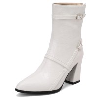 Pointed Toe Chunky Heels Buckle Straps Decorated Crocodile Print Ankle Highs Western Boots - White