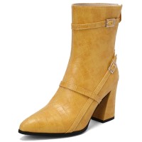 Pointed Toe Chunky Heels Buckle Straps Decorated Crocodile Print Ankle Highs Western Boots - Yellow