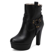 Round Toe Cuban Block Heels Platforms Ankle High O Ring Buckle Straps Boots - Black