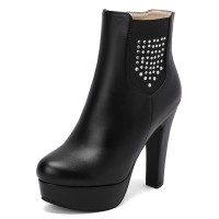 Round Toe Cuban Heels Side Zipper Ankle Highs Rhinestones Platforms Chelsea Boots - Black