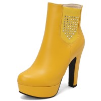Round Toe Cuban Heels Side Zipper Ankle Highs Rhinestones Platforms Chelsea Boots - Yellow