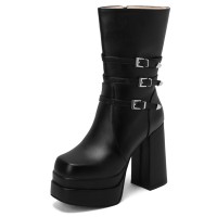 Square Toe Chunky Heels Side Zipper Ankle Highs Trible Buckle Straps Platforms Boots - Black