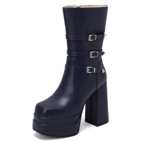 Square Toe Chunky Heels Side Zipper Ankle Highs Trible Buckle Straps Platforms Boots - Blue