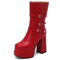 Square Toe Chunky Heels Side Zipper Ankle Highs Trible Buckle Straps Platforms Boots - Red