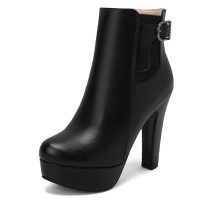 Round Toe Cuban Heels Side Zipper Ankle Highs Buckle Straps Platforms Chelsea Boots - Black