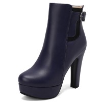 Round Toe Cuban Heels Side Zipper Ankle Highs Buckle Straps Platforms Chelsea Boots - Blue