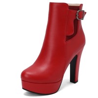 Round Toe Cuban Heels Side Zipper Ankle Highs Buckle Straps Platforms Chelsea Boots - Red