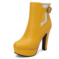 Round Toe Cuban Heels Side Zipper Ankle Highs Buckle Straps Platforms Chelsea Boots - Yellow