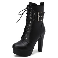 Round Toe Cuban Heels Side Zipper Ankle Highs Double Buckle Straps Lace Up Platforms Boots - Black