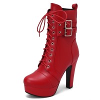 Round Toe Cuban Heels Side Zipper Ankle Highs Double Buckle Straps Lace Up Platforms Boots - Red