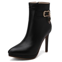 Pointed Toe Stiletto Heels Side Zipper Ankle Highs Decorated Straps Boots - Black