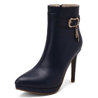 Pointed Toe Stiletto Heels Side Zipper Ankle Highs Decorated Straps Boots - Blue