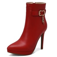 Pointed Toe Stiletto Heels Side Zipper Ankle Highs Decorated Straps Boots - Red