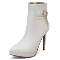 Pointed Toe Stiletto Heels Side Zipper Ankle Highs Decorated Straps Boots - White