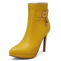 Pointed Toe Stiletto Heels Side Zipper Ankle Highs Decorated Straps Boots - Yellow