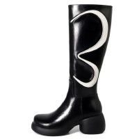 Round Toe Chunky Heels Side Zipper Knee High Winter Boots - Black